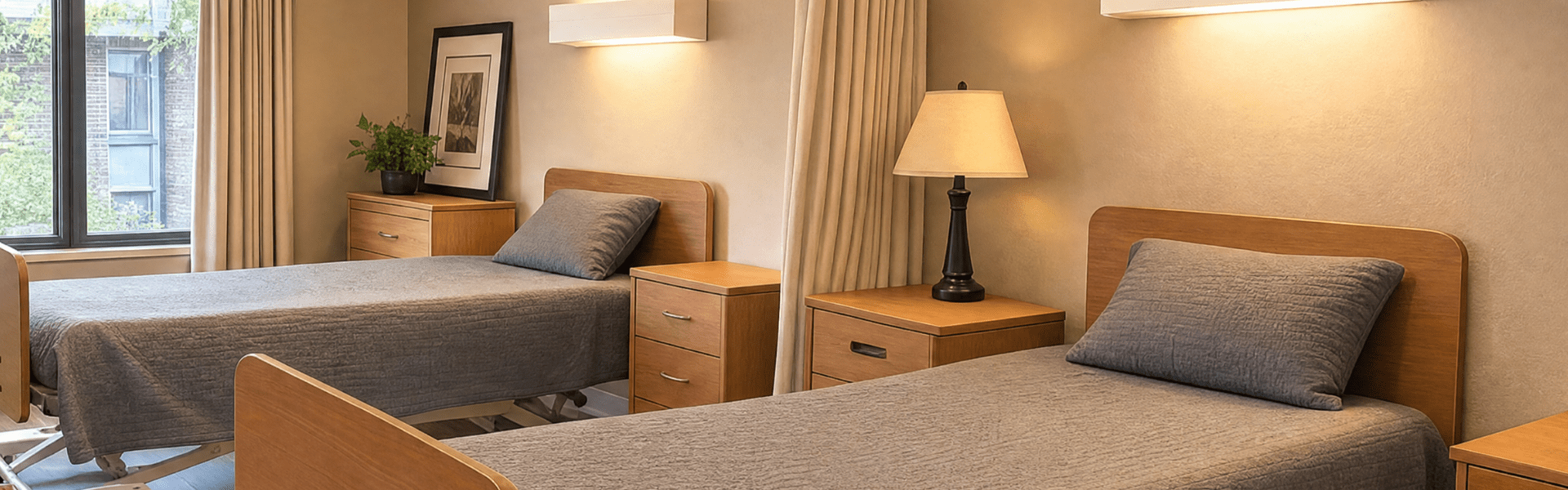 A hospital room with two single beds, each with gray bedding and pillows. There are wooden bedside tables, one with a lamp and the other with a potted plant. Framed artwork hangs on the wall, and a window with beige curtains lets in natural light.