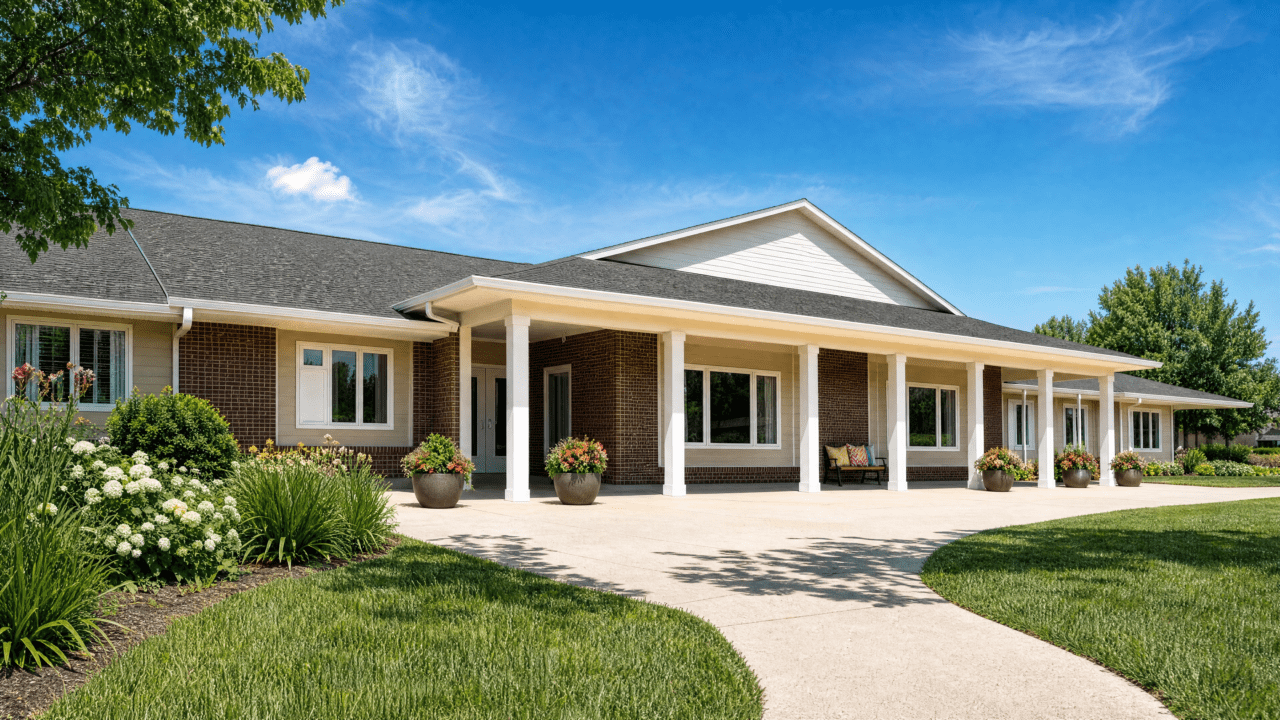 A single-story healthcare center with a brick facade and white trim, featuring a covered porch supported by white columns, large windows, and potted plants along the walkway, under a bright blue sky with a few clouds.