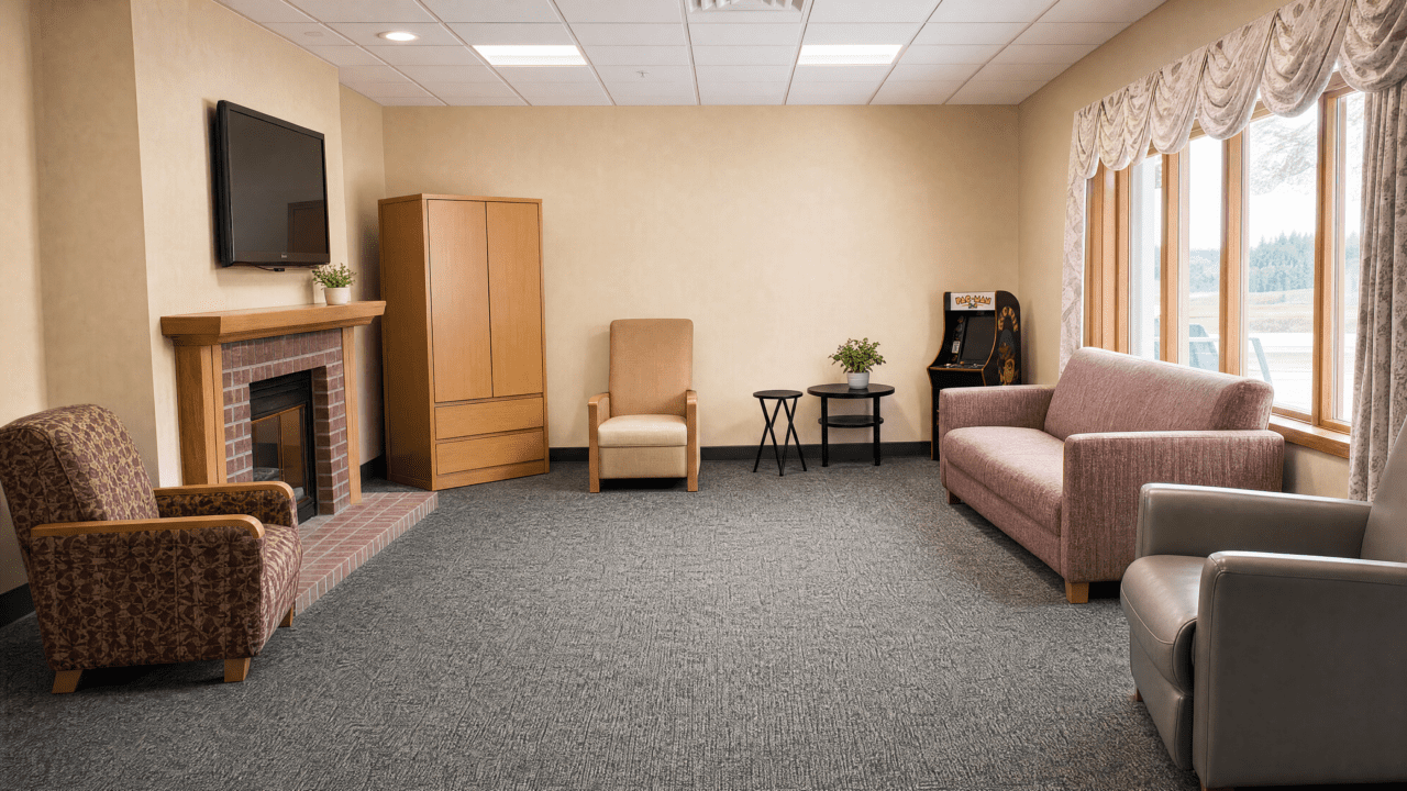 A cozy lounge area with a fireplace, a wall-mounted TV, a beige armchair, a pink sofa, a gray armchair, a small black side table with a plant, and a small arcade game cabinet near large windows with patterned curtains, allowing natural light to fill the room.