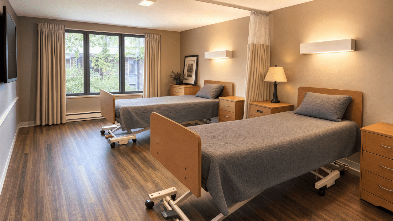 A hospital room with two beds, each with gray bedding and pillows, separated by wooden nightstands. The room has beige walls, a large window with curtains, and wooden flooring. There are wall-mounted lights above each bed and a table lamp on one of the nightstands. A framed picture and a plant sit on a dresser near the window.