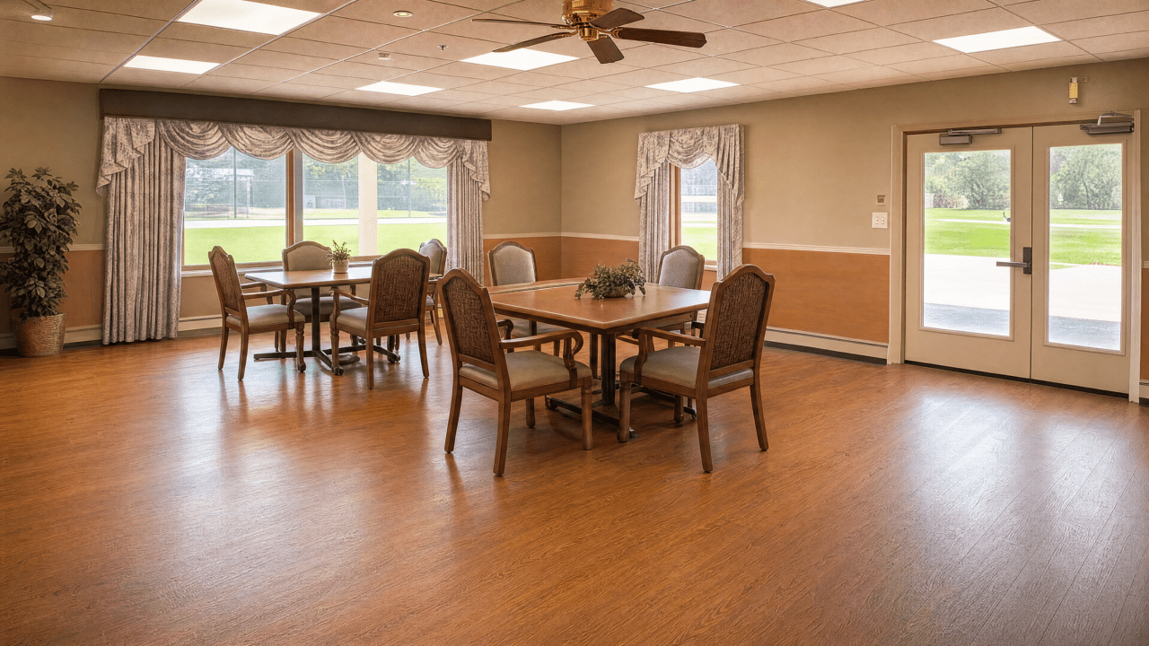 A spacious room with wooden flooring, featuring two tables with six chairs each, decorated with a small plant and floral centerpiece. Large windows with curtains allow natural light, and glass double doors lead outside to a grassy area. A ceiling fan hangs from the ceiling.