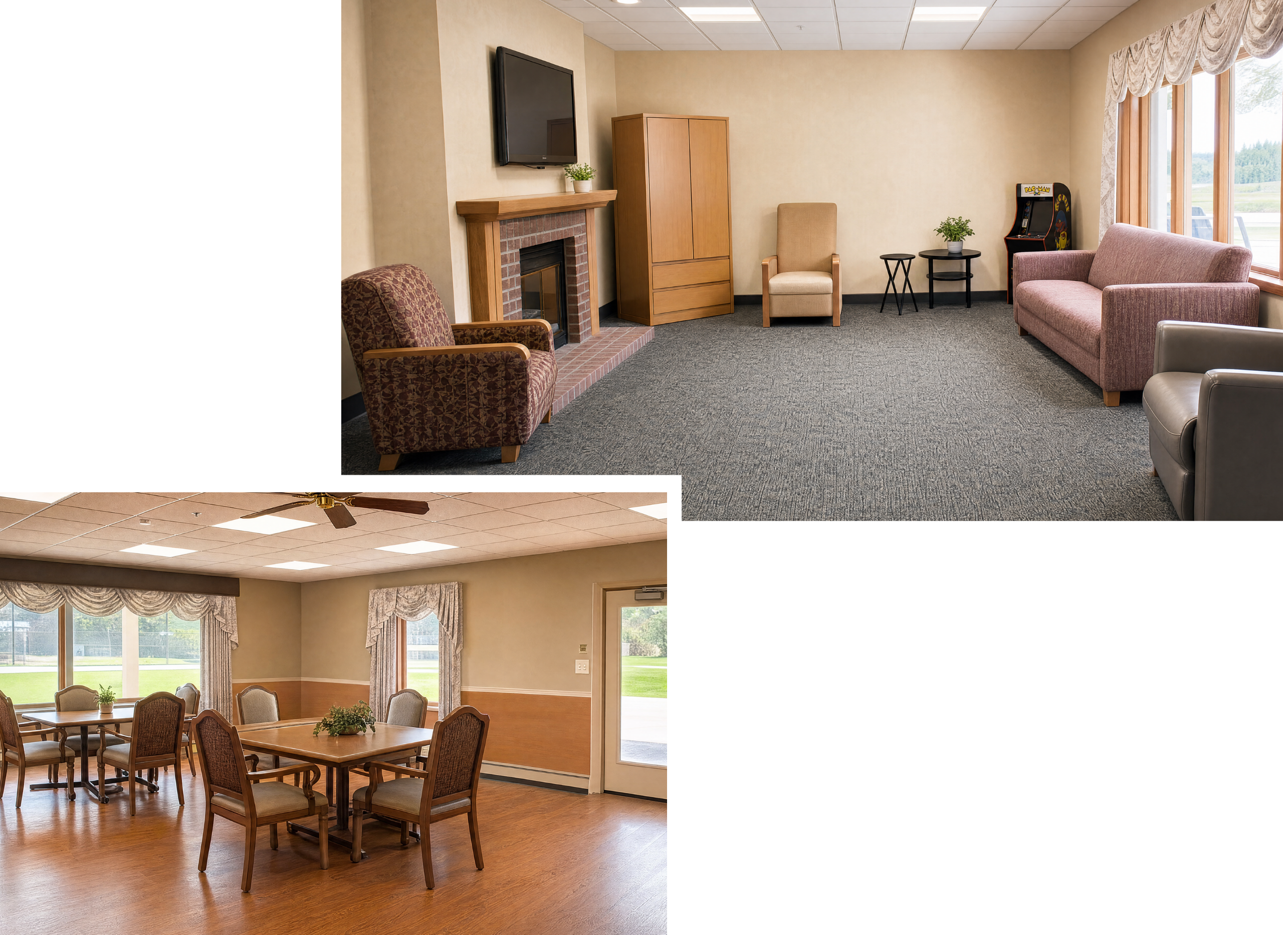 A cozy lounge area with a fireplace, television, and various chairs and sofas near a large window, and a separate dining room with round tables, chairs, and large windows with curtains.