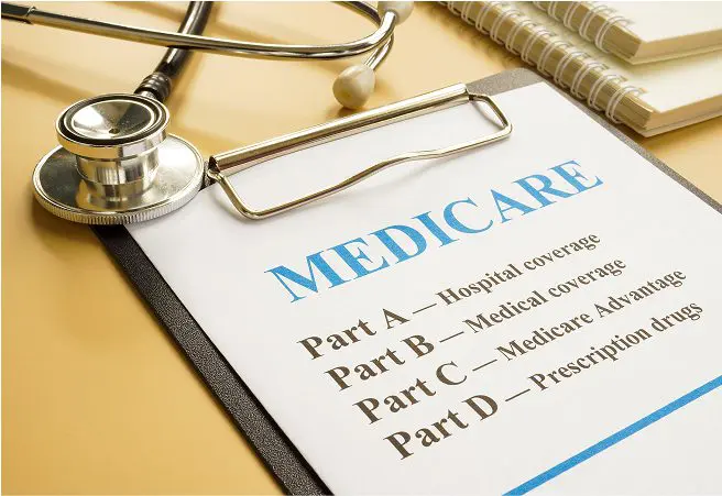 A clipboard with a Medicare information sheet titled 